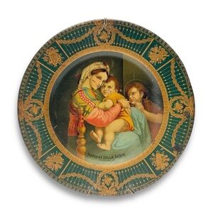 Vintage Madonna of the Chair Tin Litho Decorative Plate 10”